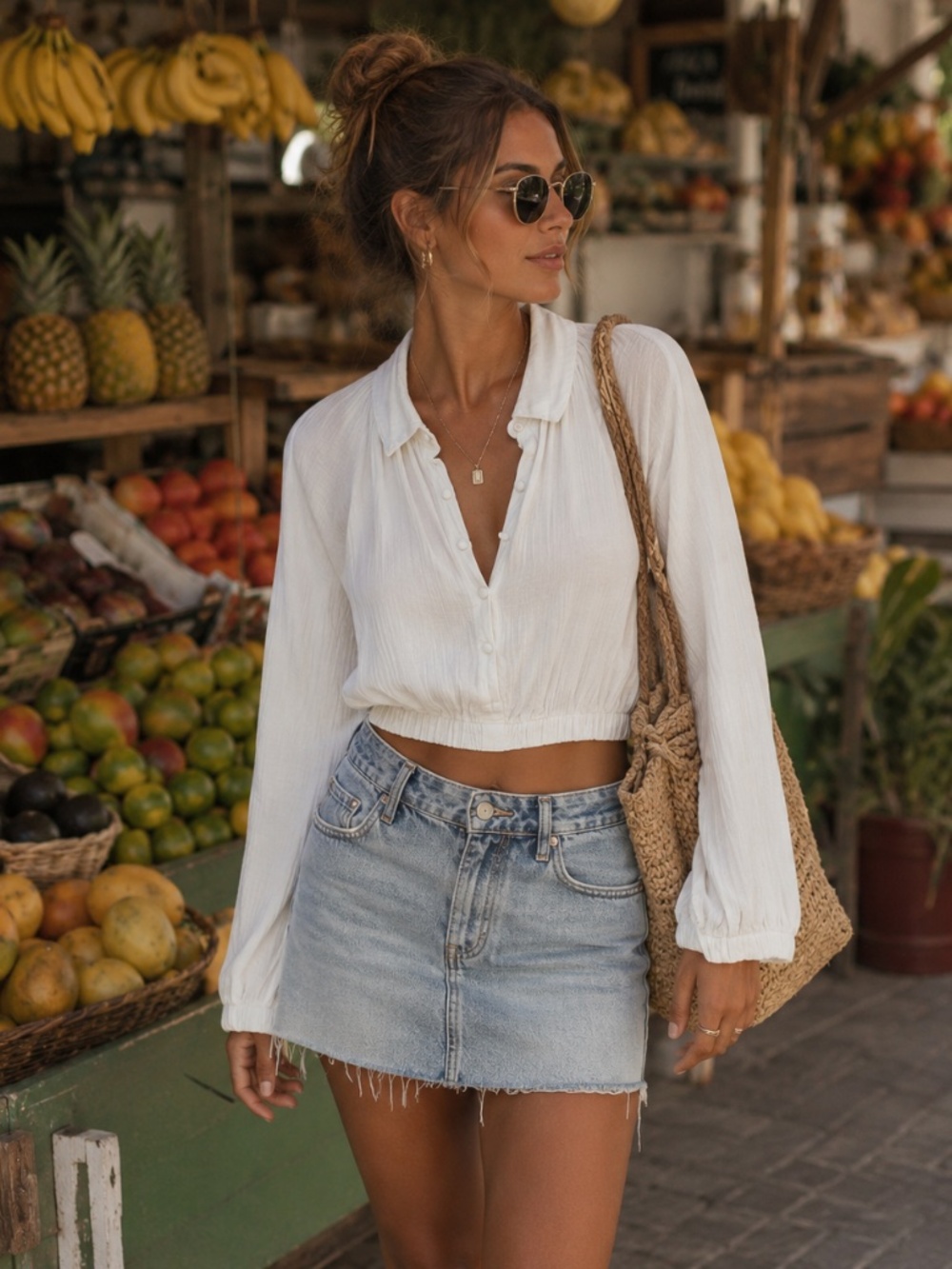 White Cropped Button Front Gauze Blouse Peasant Boho Balloon Sleeve Top